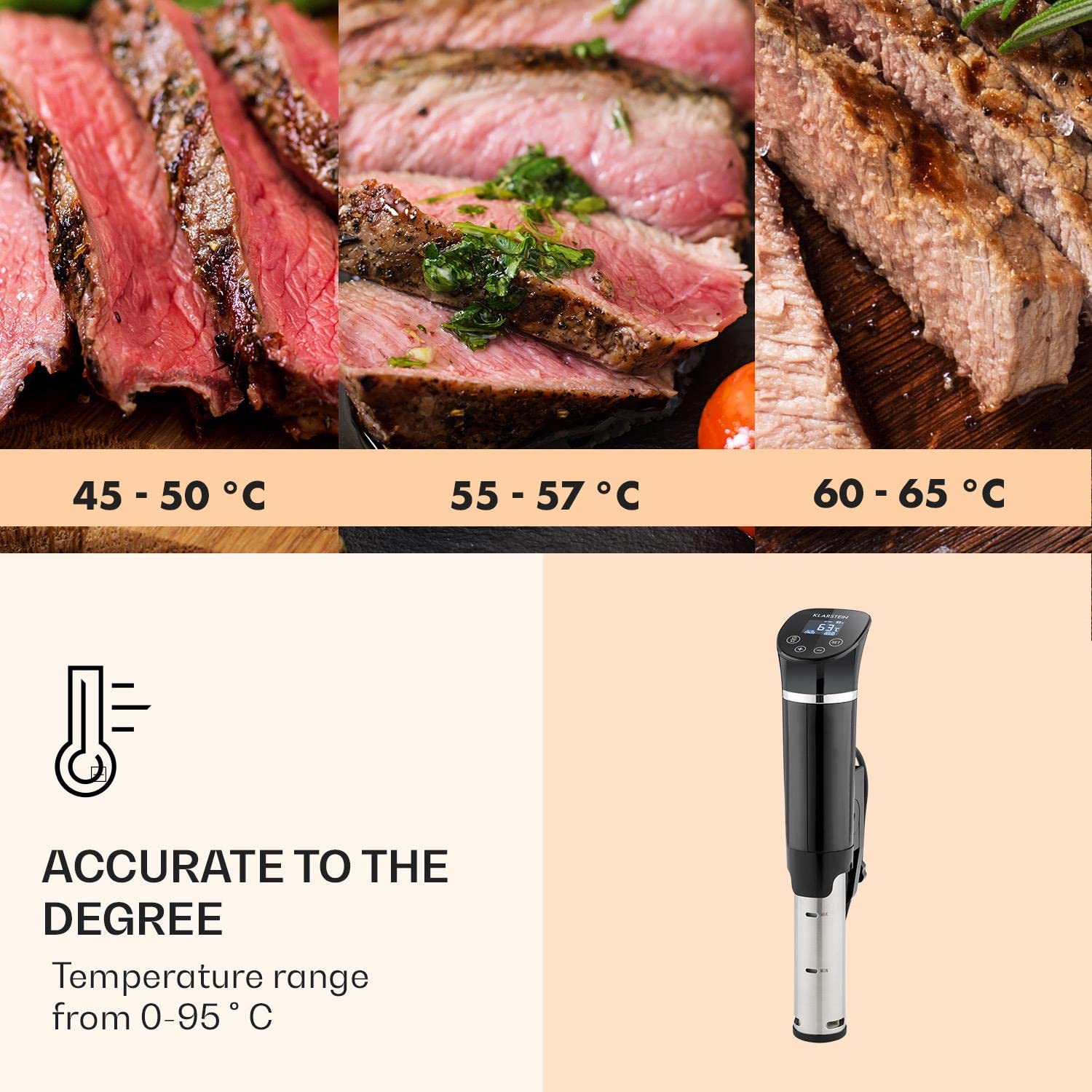 Klarstein Quickstick- Sous-Vide Garer, Präzisionskochtopf, Schongarer, 1300 Watt, Timerfunktion, 3D Circulating, 0-95 °C, LCD Touch-Display, wasserdicht, bis 20 Liter, flex schwarz