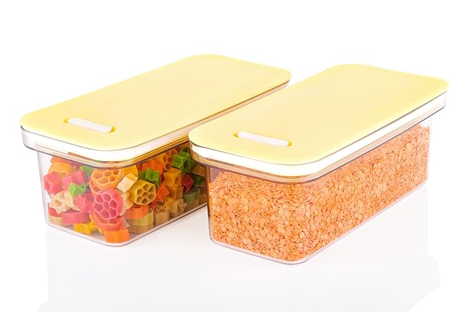 Fridge Storage Box Organizer with Stackable Drain Rack and Lids Plastic Refrigerator Storage Containers Freezer Storage for Fish, Meat, Vegetable, Fruits 1500ml pack of 2 (Yellow)