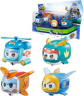 Super Wings Super Pets 4 Pieces Shine, Golden Boy, Jerome, Ellie, with Switchable Face Expression, with Flash Effect, Portable, Toy for 3 4 5 6 7 8 Years Old Boy Girl 2 Inch