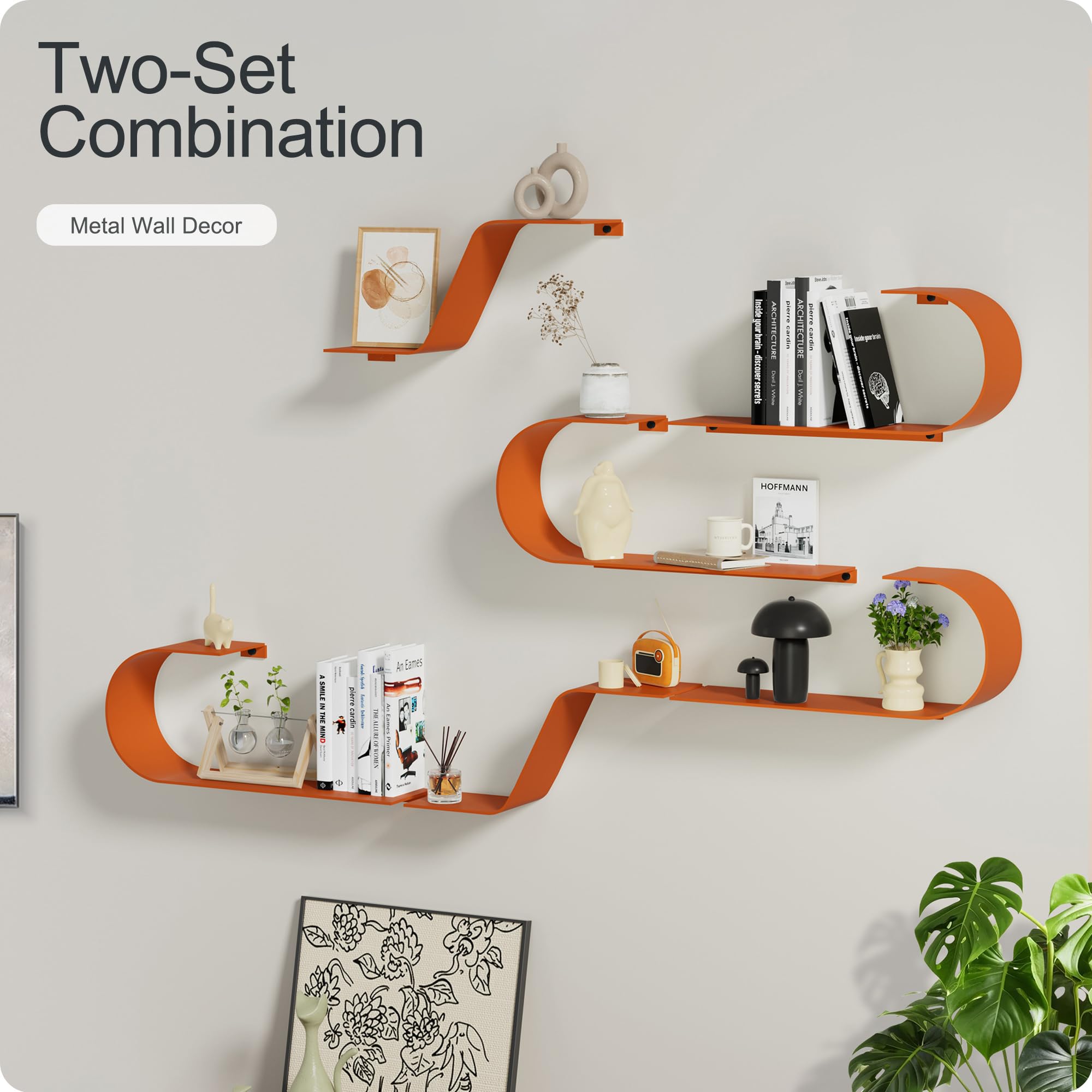 Orange Schweberegale 3er Set, Orange Metall Dekor, Einzigartiges montiertes Schweberegal Modern Langes Wandregal, Große Wandregale für Schlafzimmer, Badezimmer, Wohnzimmer