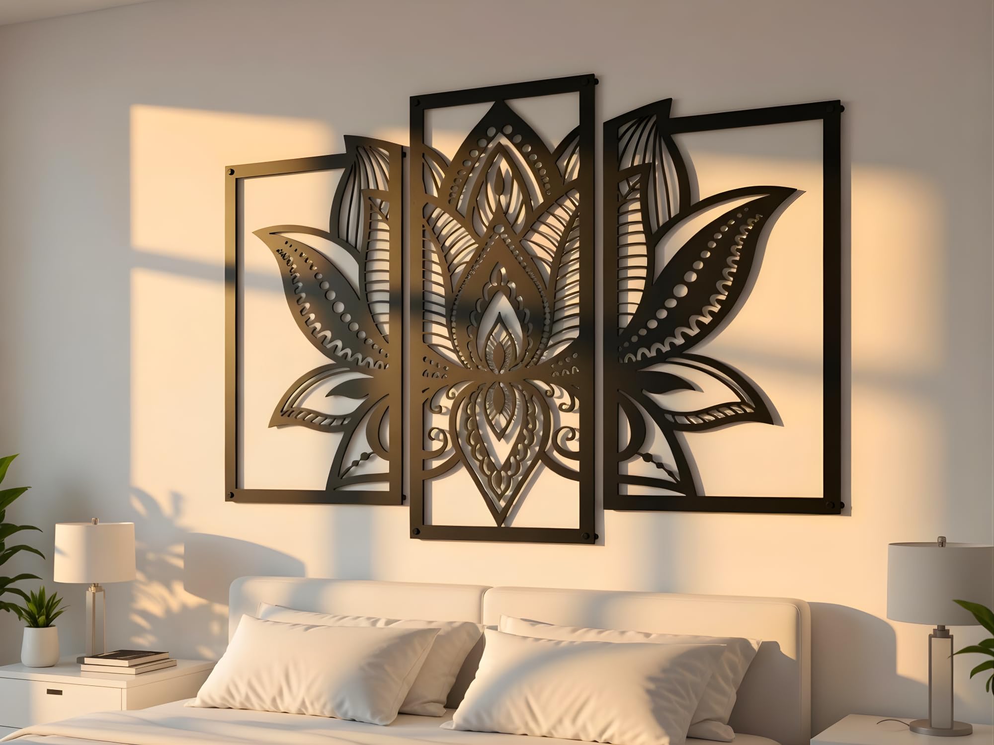 VAILLA Decoración de Pared Mural de Madera Decoración en Negro Dorado Decoración de Pared Hogar Arte de Pared 3D Decoración Moderna Cuadros para Hogar (Flor de loto)