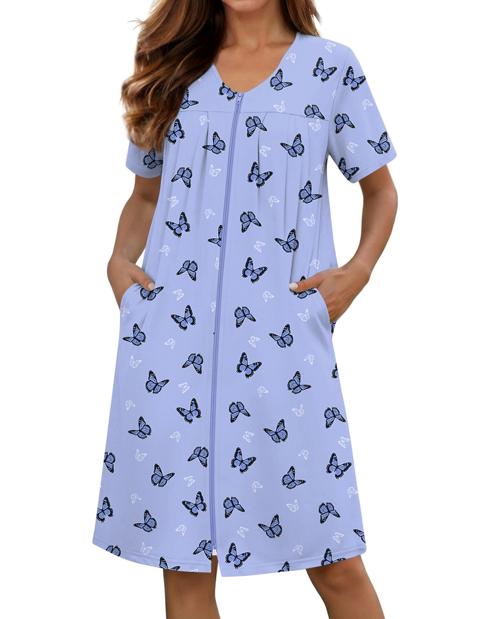 Ekouaer Zipper Robes for Women Short Knit Bathrobes Lightweight Knee Length Housecoat with Pockets Nightgown S-3XL
