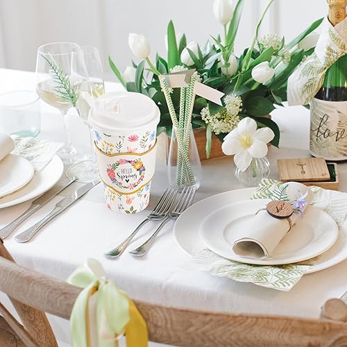 Miniatura 6 de Juego de 48 tazas de café desechables florales de primavera con tapas y fundas de 16 onzas, tazas de papel Hello Spring To Go para bebidas para