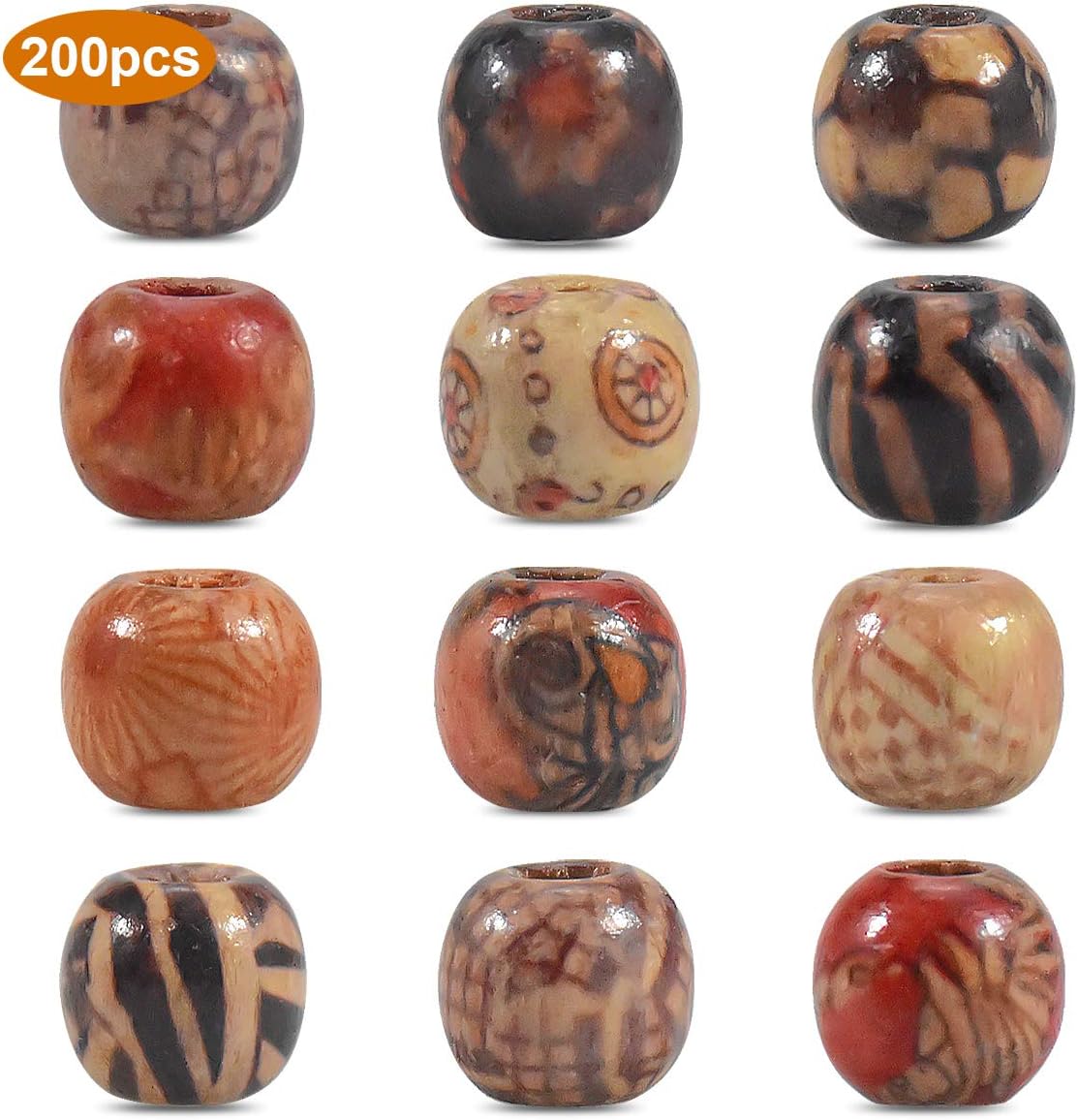 200 Pcs Printed Wooden Beads Natural Round Wood Ball Colorful Craft Beads Barrel Wooden Bead Various Pattern Large Hole for Bracelet Beading Crafts DIY Jewelry Making Hair Decor 10mm - Image 3