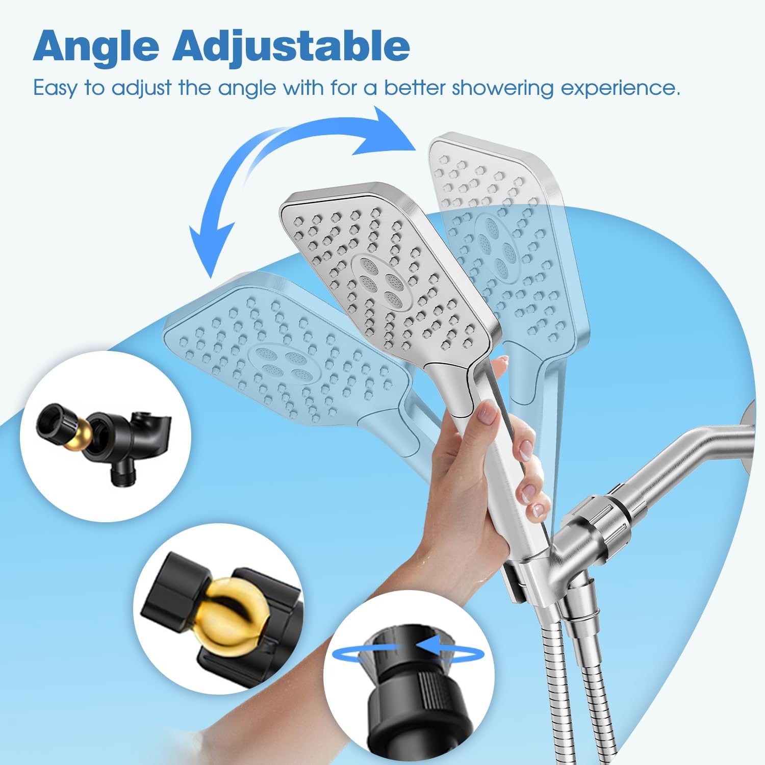Gabrylly Shower Head with handheld, High Pressure 3-Setting Handheld Shower Head Set with 59" Stainless Steel Shower Hose and Angle Adjustable Bracket, Brushed Nickel