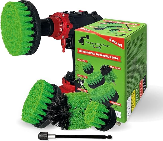 Kornely Premium Drill Brush, Medium Stiff, Green 5pcs. SET. Professional Power Scrubber. Doesn't Scratch Surfaces. Suitable for Kitchen, Stove and Oven, Cabinets, Counters, Dirty pots, Floor Cleaning
