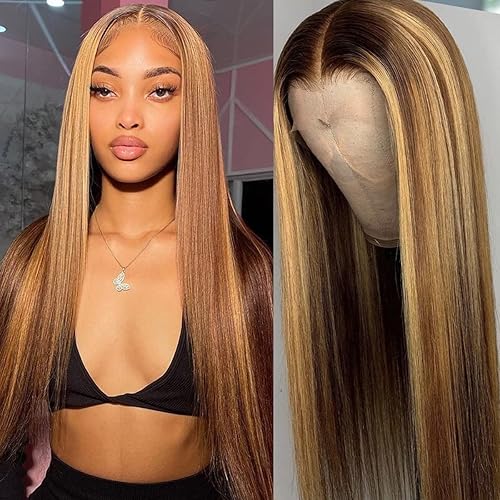 PERISMODA 32 Inch Ombre Highlight Lace Front Wig Human Hair 180% Density 13x4 HD Straight Lace Front Wigs Human Hair Pre Plucked with Baby Hair 8A Brazilian Transparent Lace Wig for Black Women