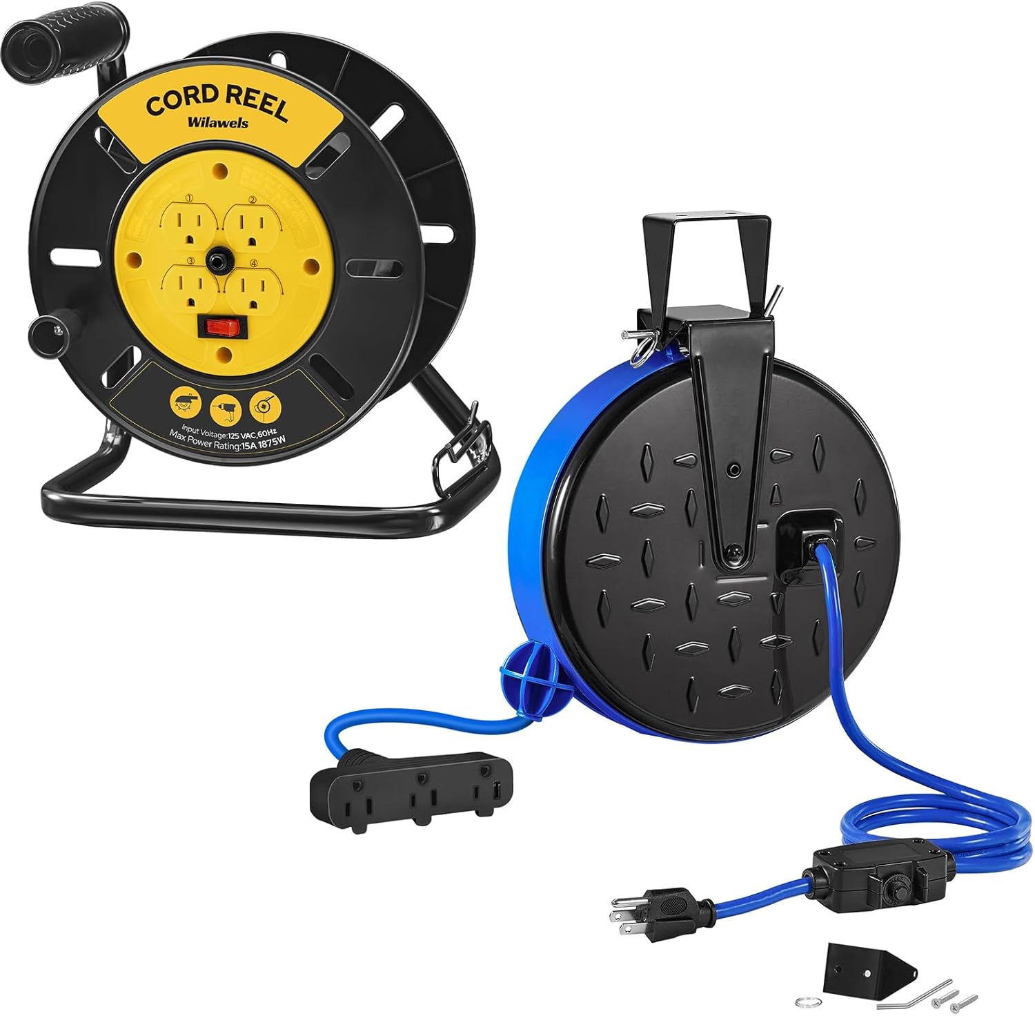 Extension Cord Storage Reel 15A Circuit Breaker and 30 Ft Retractable Extension Cord Reel Bundle, 16/3 Gauge SJTW Power Cord Y95CR06-U30CR06