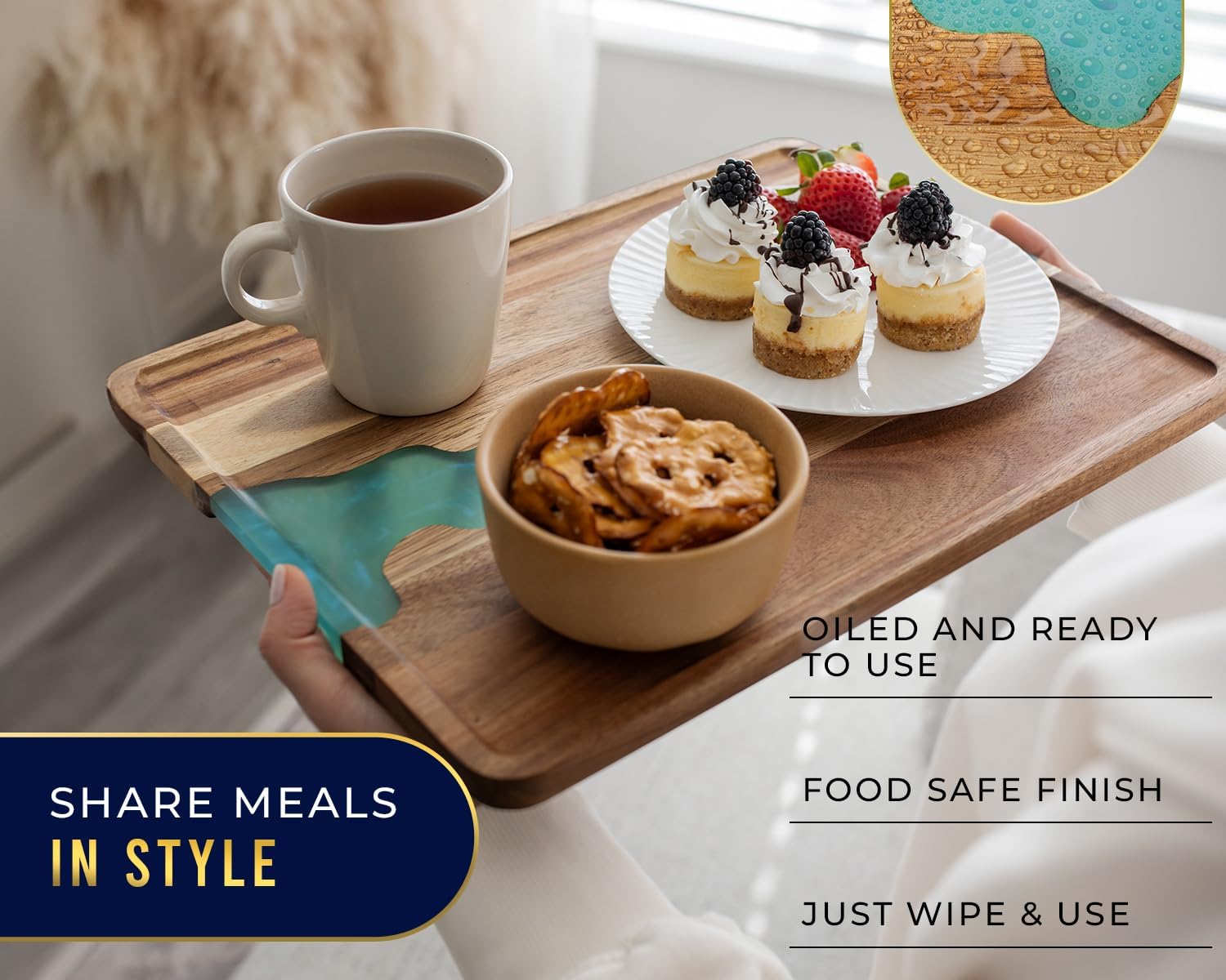 Comfify Visually Stunning Celeste Blue Resin + Acacia Wood Serving Tray - Modern 12x16 Serving Tray for Food, Breakfast in Bed, Coffee Table, Decor