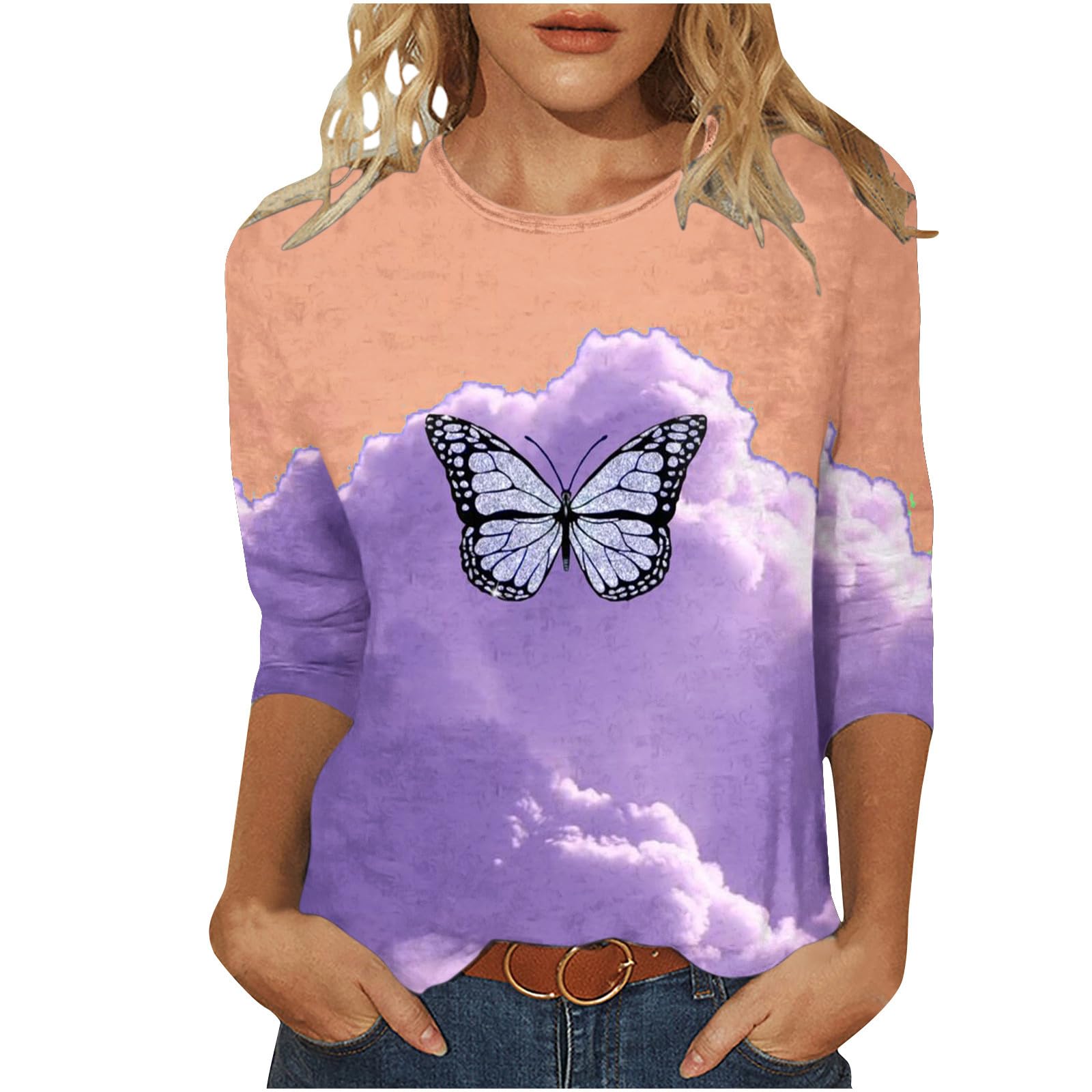 ZCVBOCZ3/4 Sleeve Tops for Women Fall Fashion Round Neck Casual Tops Cute Butterfly Print Tie Dye Pullover Tops