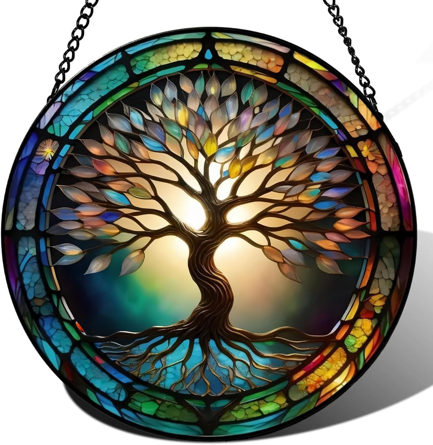 Colorful Tree of Life Suncatcher -7.9 in Stained Glass Window Hanging Catcher Garden Decor