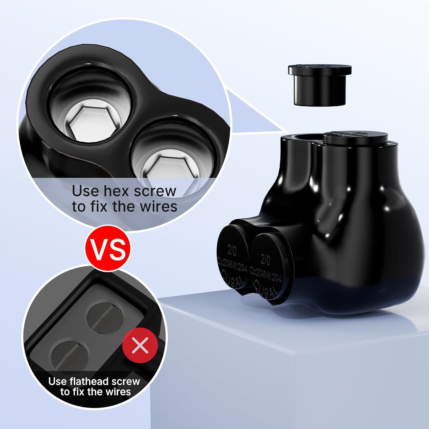 Insulated Connector 2 Port Multi Tap Connector 2/0-6 AWG Single-Sided Entry Aluminum to Copper Wire Connectors Slotted Allen Hex - 6 Pack