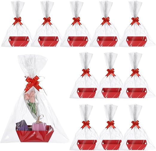 36 Pcs Empty Gift Basket Set , 12 Gift Baskets Empty To Fill - Sturdy Cardboard Tray With Handles, 12 Bags, and 12 Red Bows for Holiday, Birthday, Christmas, Valentines Day and Any Occasion, 9.8 x 6.7 x 3.5 Inches