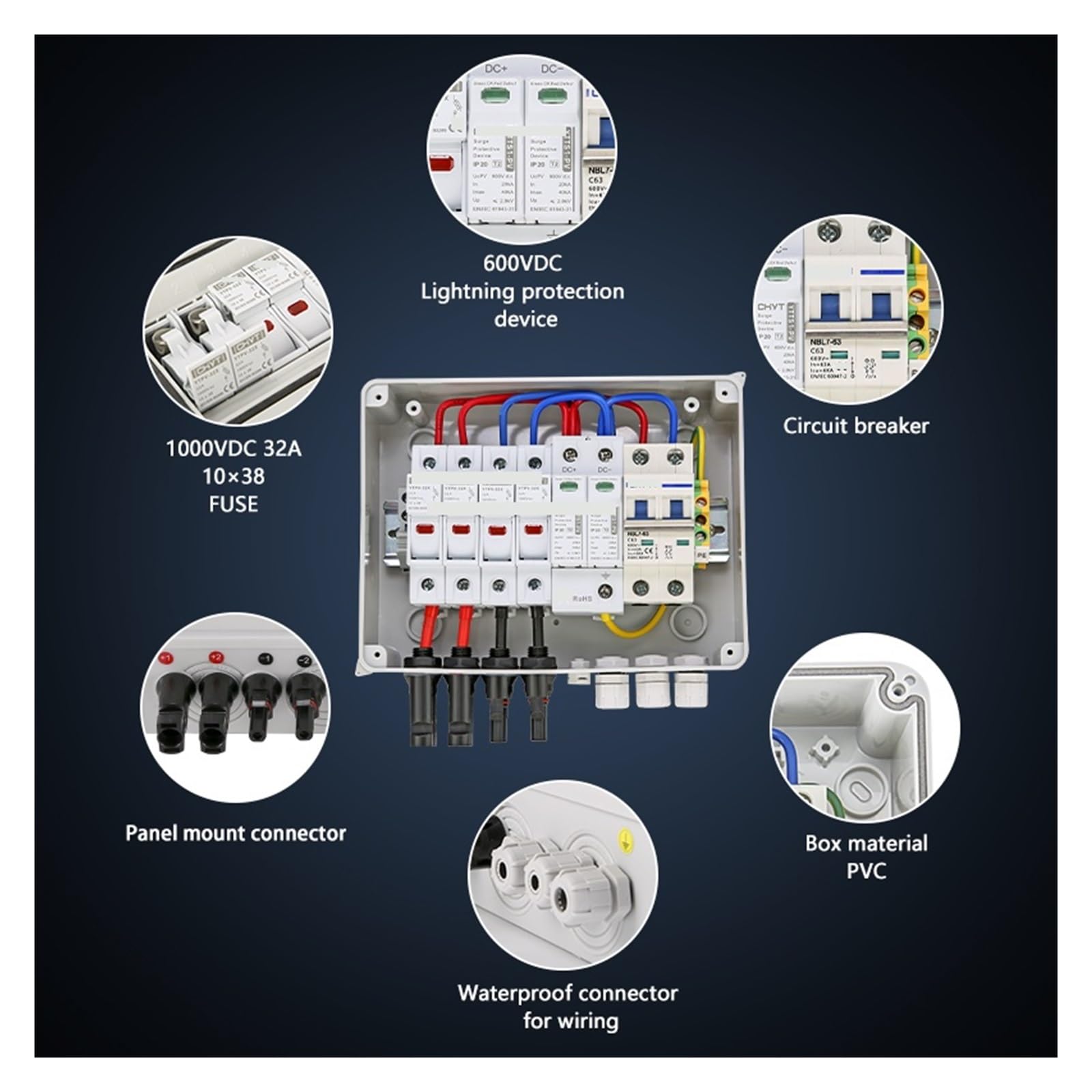 Solarumrichter-Box Solar Photovoltaik PV Combiner Box mit Schutz 2 Eingang 1 Ausgang DC 600 V Sicherung MCB SPD Box IP65
