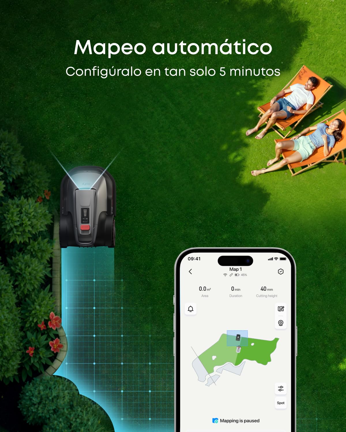 eufy Robot cortacésped E18 sin cable de limitación, Sin fallas de señal, sin RTK, Tecnología TrueVision, Sistema GNSS, Jardín de hasta 1200 m², Corte Preciso Bordes, Evita Obstáculos, Controllo App | Sin fallas de señal, sin RTK, GNSS, jardín hasta 1200 m