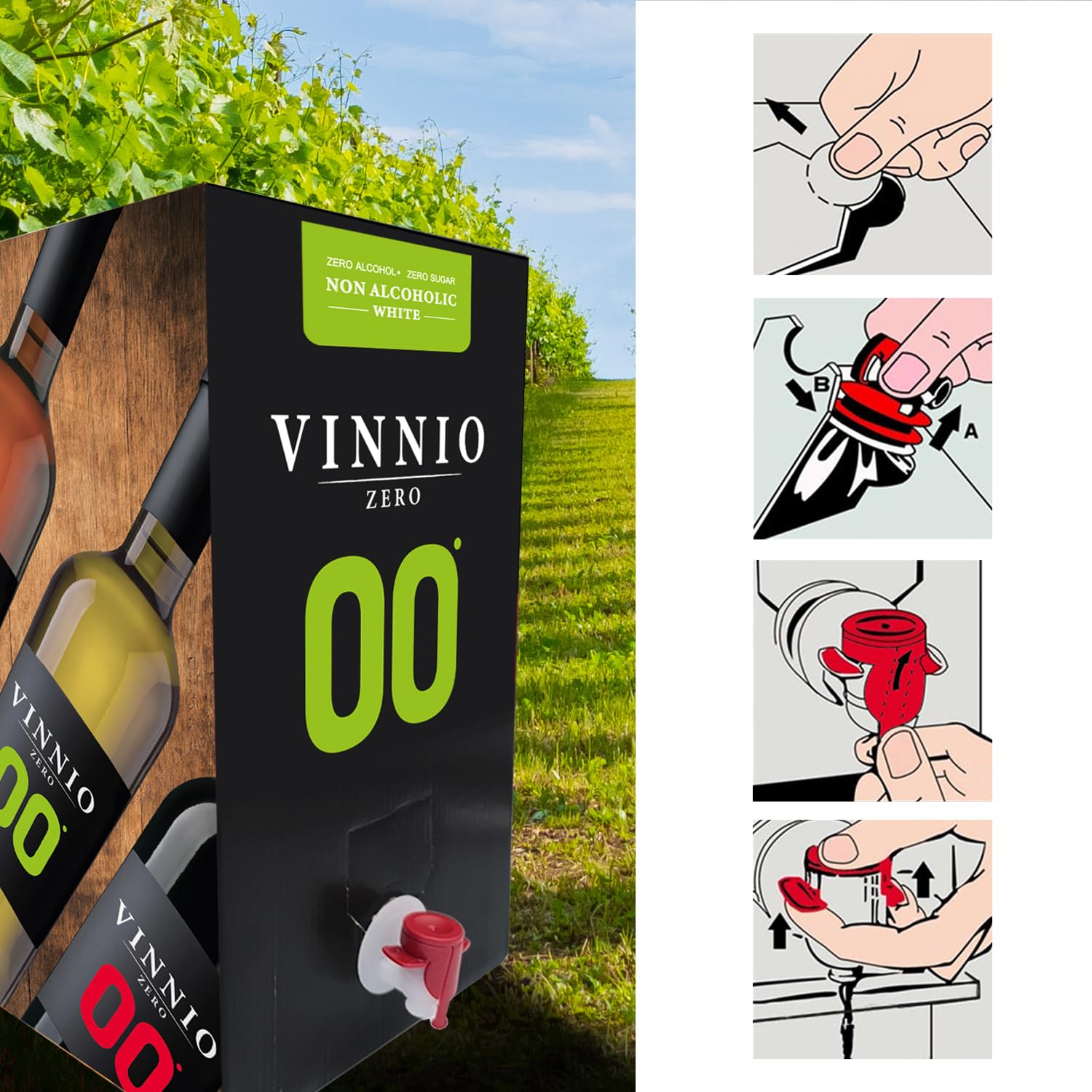 VINNIO - Vino sin alcohol 0,0 Premium Blanco | Bag in Box 10 litros | Equivalente a más de 13 Botellas de 750 | Formato Ahorro con Grifo (Sin Azúcar, Bajo en Calorías)