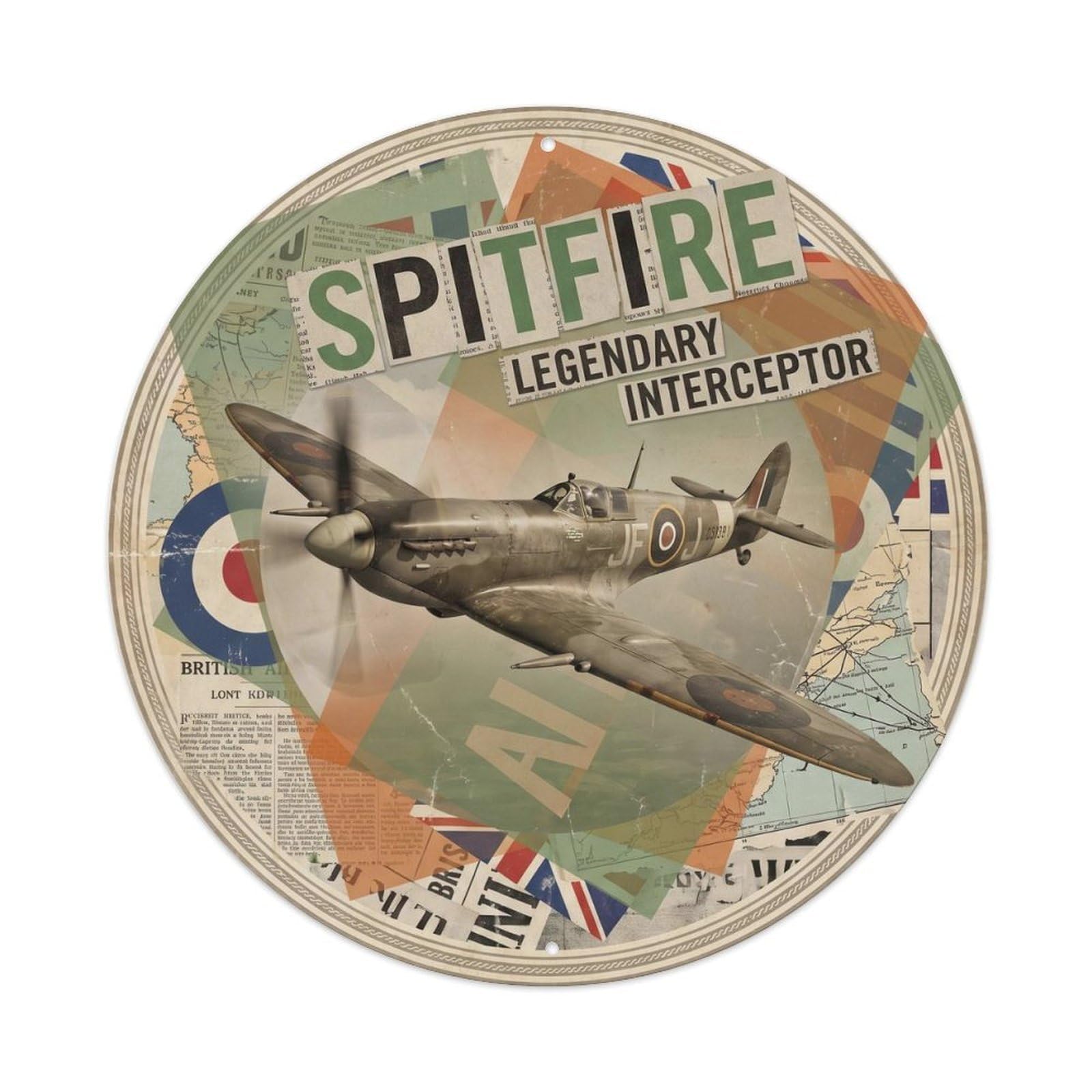 Spitfire British WWII Military Fighter Aircraft Collage Metal Tin Sign Plaque Wall Decor for Cafe, Man Cave, Club Bar, Office, Home Garden Round Metal Poster 8x8Inch