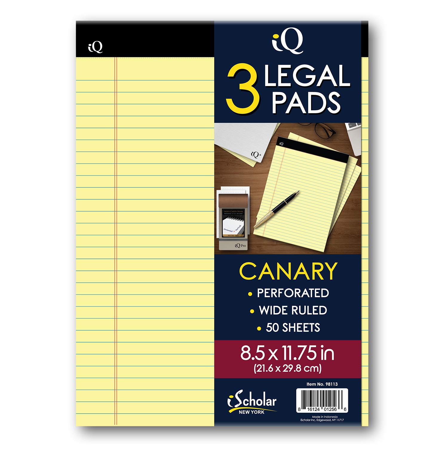 iScholar iQ Legal Pads, Canary, Wide Ruled, 8.5" x 11.75", 50 Sheets Per Pad, Pack of 3 Pads (98113)