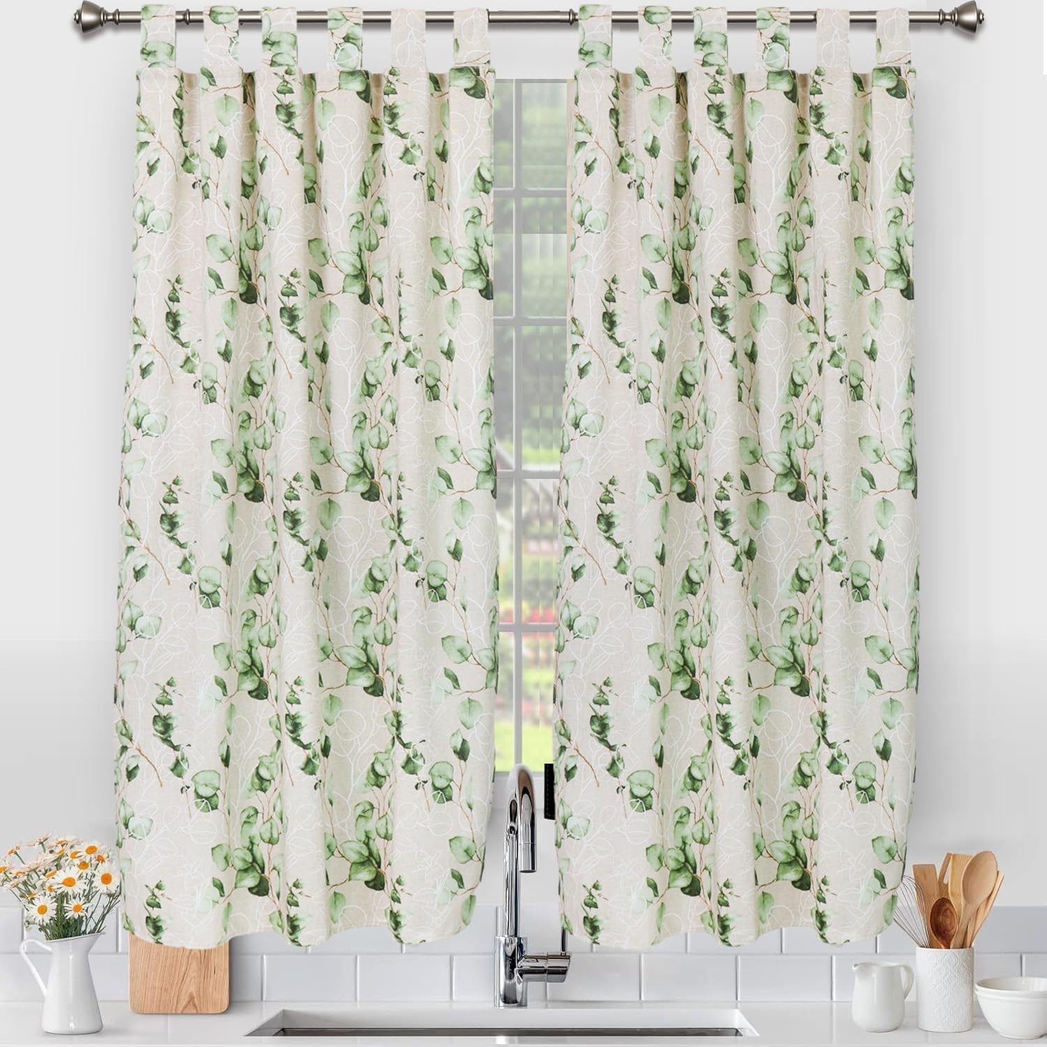 Viste tu hogar Pack 2 Cortina Cocina de Hojas Serena, Estilo Español con Tirantes, Tela Opaca Máxima Privacidad, Ideal para Ventanas de Cocina, 70% Algodón 30% Poliester, 90x145cm