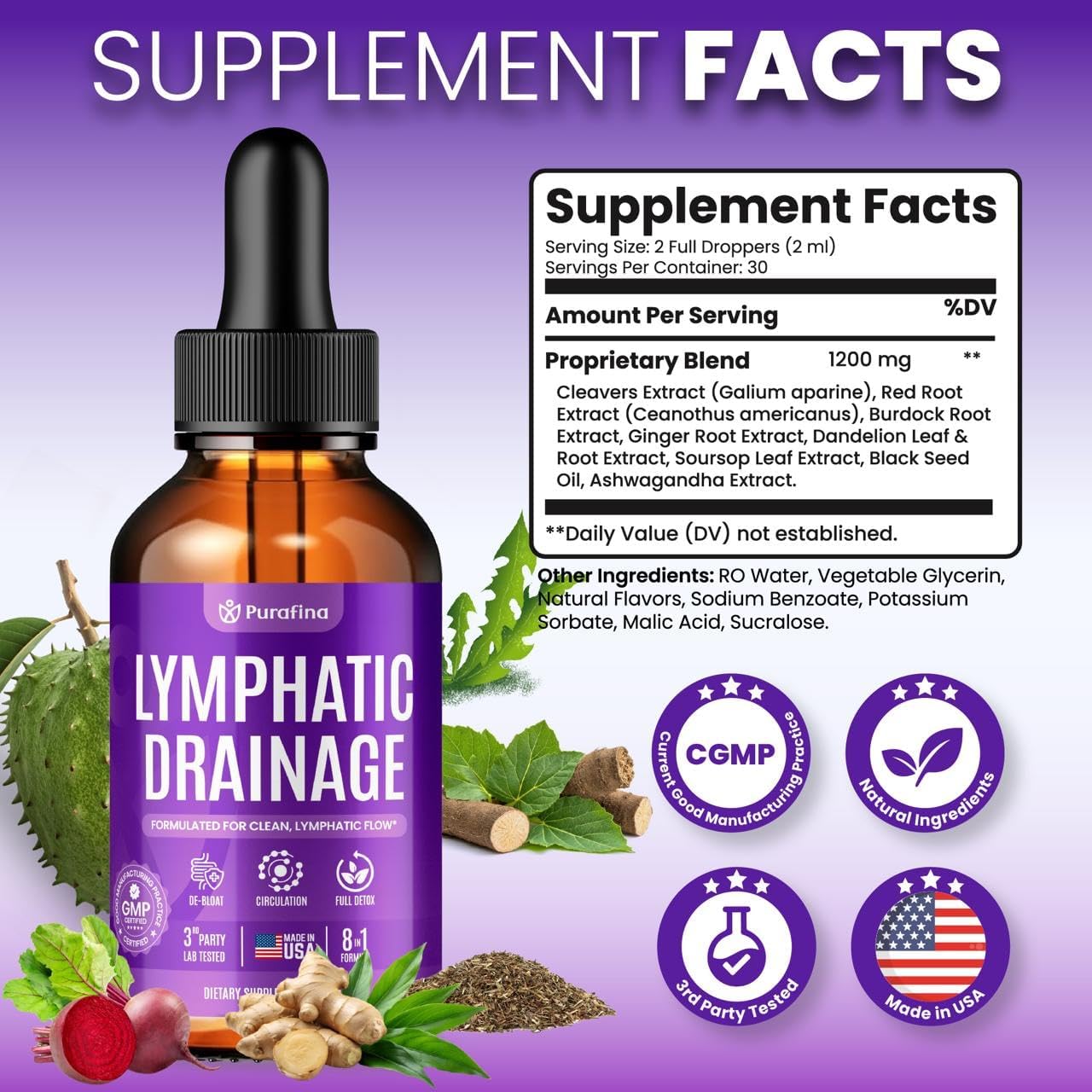 Organic Lymphatic Drainage Drops with Cleavers I Red Root I Burdock I Ginger I Dandelion I Soursop I Black Seed Oil I Ashwagandha Lymph System Support Detox - Liver Cleanse Supplement (1 Bottle)