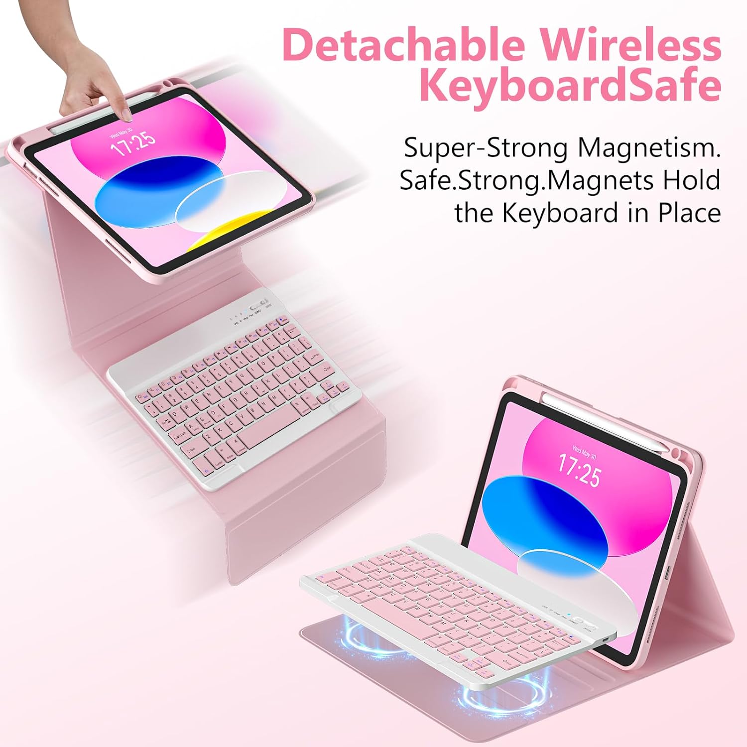 CC Store for iPad A16 11th 10th Generation Case with Keyboard - Detachable Folio Keyboard Cover with Pencil Holder for iPad 11-inch A16 2025 10th Gen 10.9 Inch 2022(Pink)