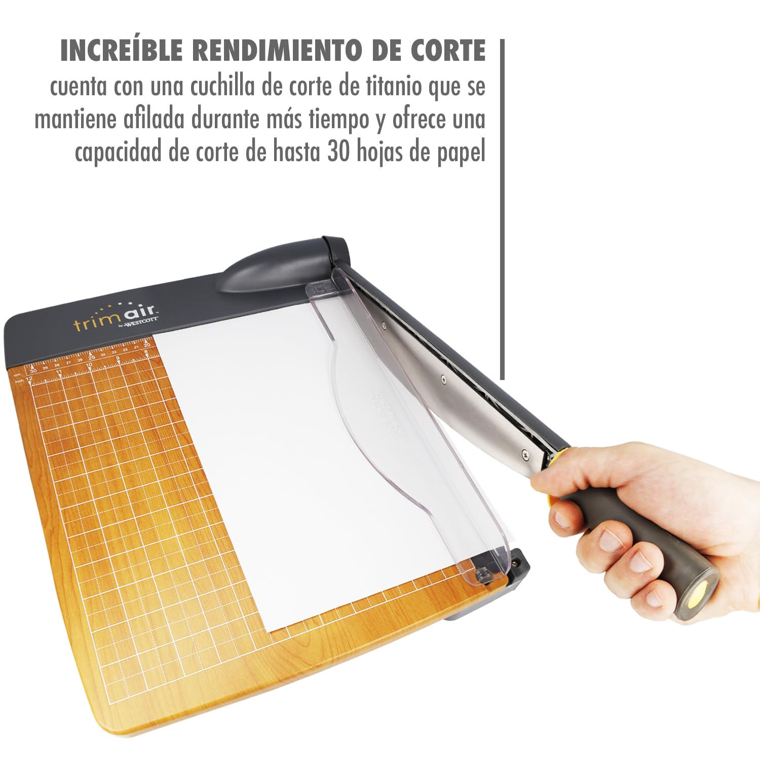 Westcott TrimAir Cortadora de papel de 12" (30 cm) | Con núcleo de madera y cuchilla recubierta de titanio | Cortadora de palanca con guía y escalas graduadas para hasta 30 hojas | 15106