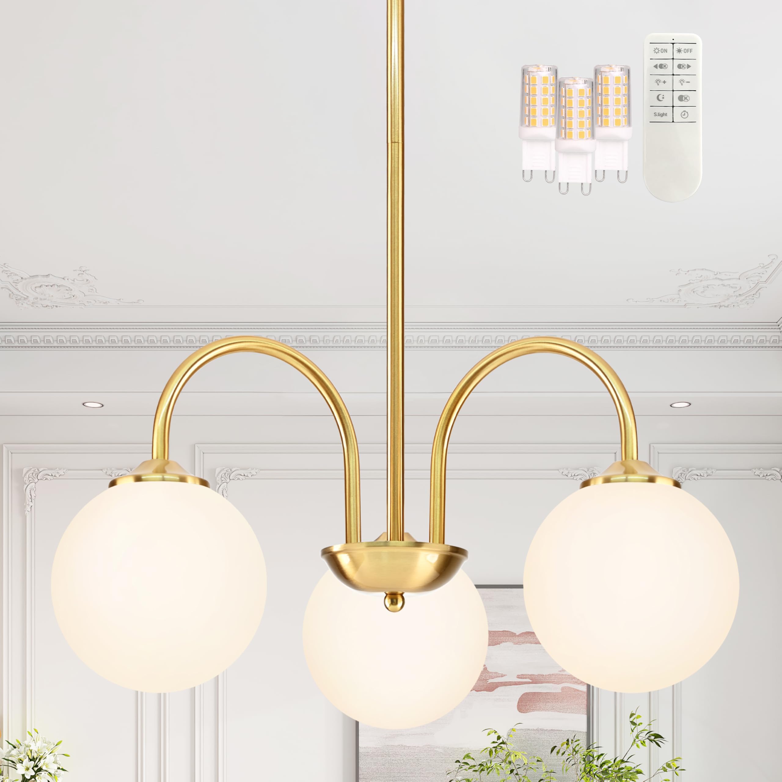 Bagood Modern Sputnik Chandelier Mid Century Chandelier for Dining Room 3-Light 20" Brushed Gold Sputnik Globe Chandelier with Milk Glass Globe Shade
