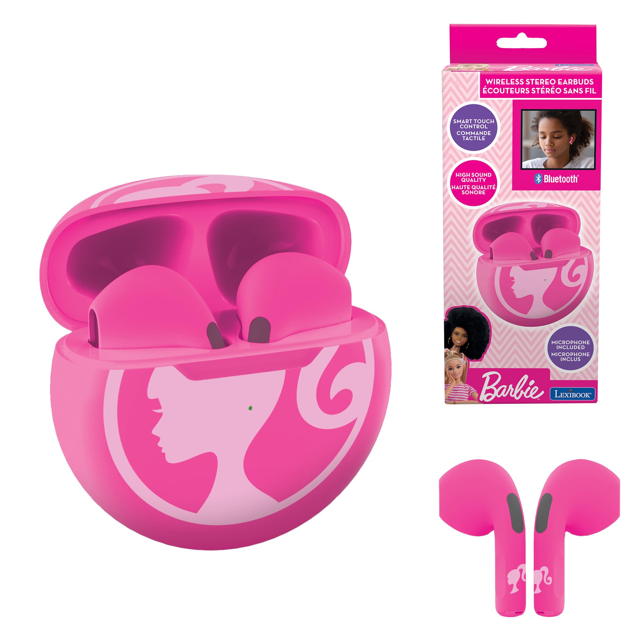 LEXIBOOK, Barbie, Wireless stereo earbuds, sound, Integrated microphone, Smart touch control, Charging case, Sound level limited at 85 dB, Pink, HPBT05BBLXB