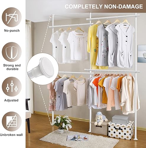 Miniatura 5 de Organizador de armario, perchero resistente de 4 niveles ajustable de pie para ropa de secado de ropa, percha de ropa del piso al techo, barra de
