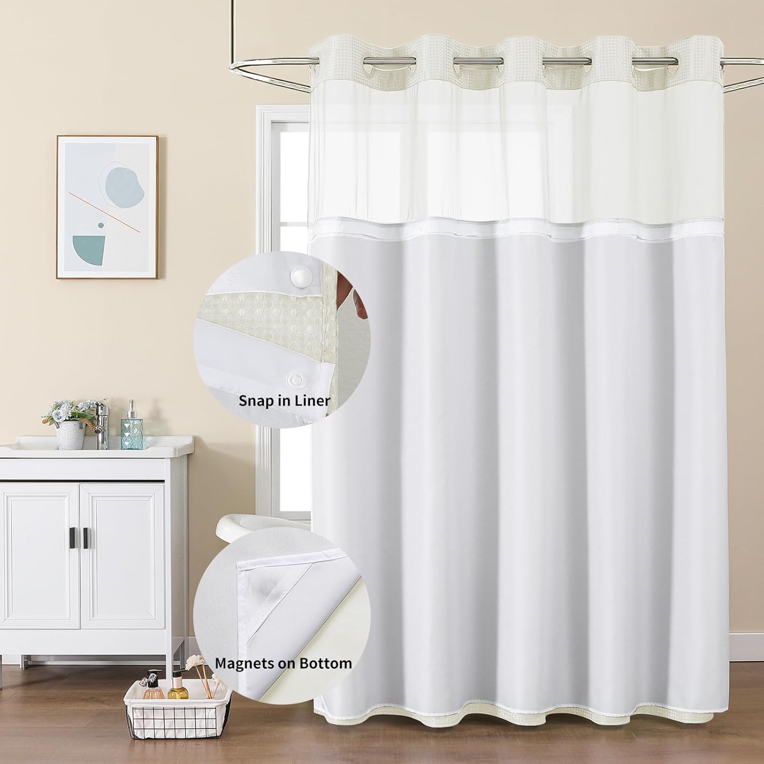 Colorful Star 256GSM Waffle Weave No Hook Shower Curtain with Snap in Liner (72'' x 75'', Ivory), and 1pc Extra Replacement Fabric Liner (71" x 53", White)