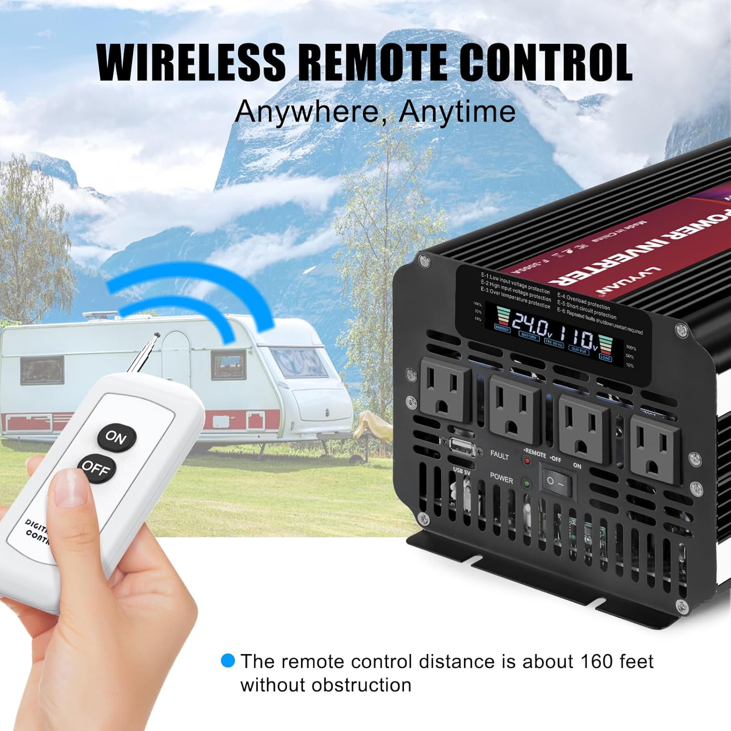 Hand holding the wireless remote control for the LVYUAN 4000 Watt Power Inverter with an RV in the background.
