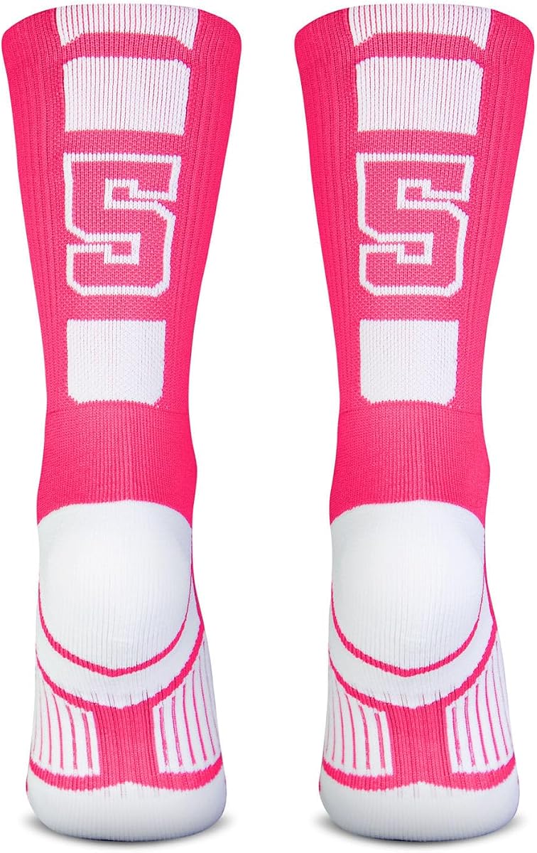Calcetines con número de equipo personalizado ChalkTalkSPORTS - Media pantorrilla atlética rosa | Calcetines personalizados, rendimiento atlético que absorbe la humedad, plantilla acolchada, soporte para el arco, número de camiseta