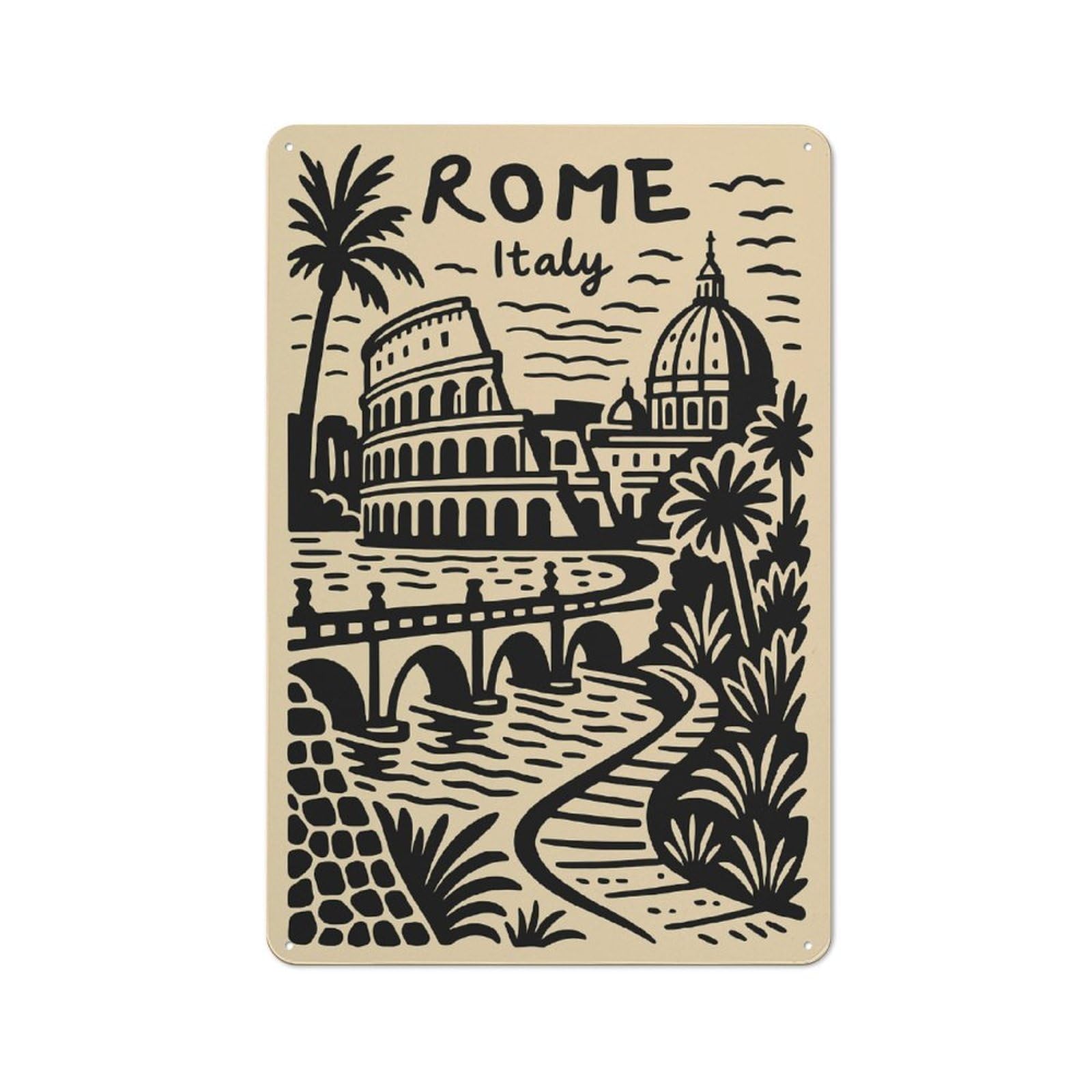 Junmoney Style-24 For Hobby Room Or Studio, Rome Italy Landmark Illustration Rustic Tin Wall Plaque 30X20cm, For Vintage Wall Decor Fans, For Metal Sign Collectors