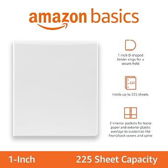 Amazon Basics 3 Ring Binder, 1 Inch D-Ring, Clear Overlay, Pockets for Storage and Organization, White, 4 Pack