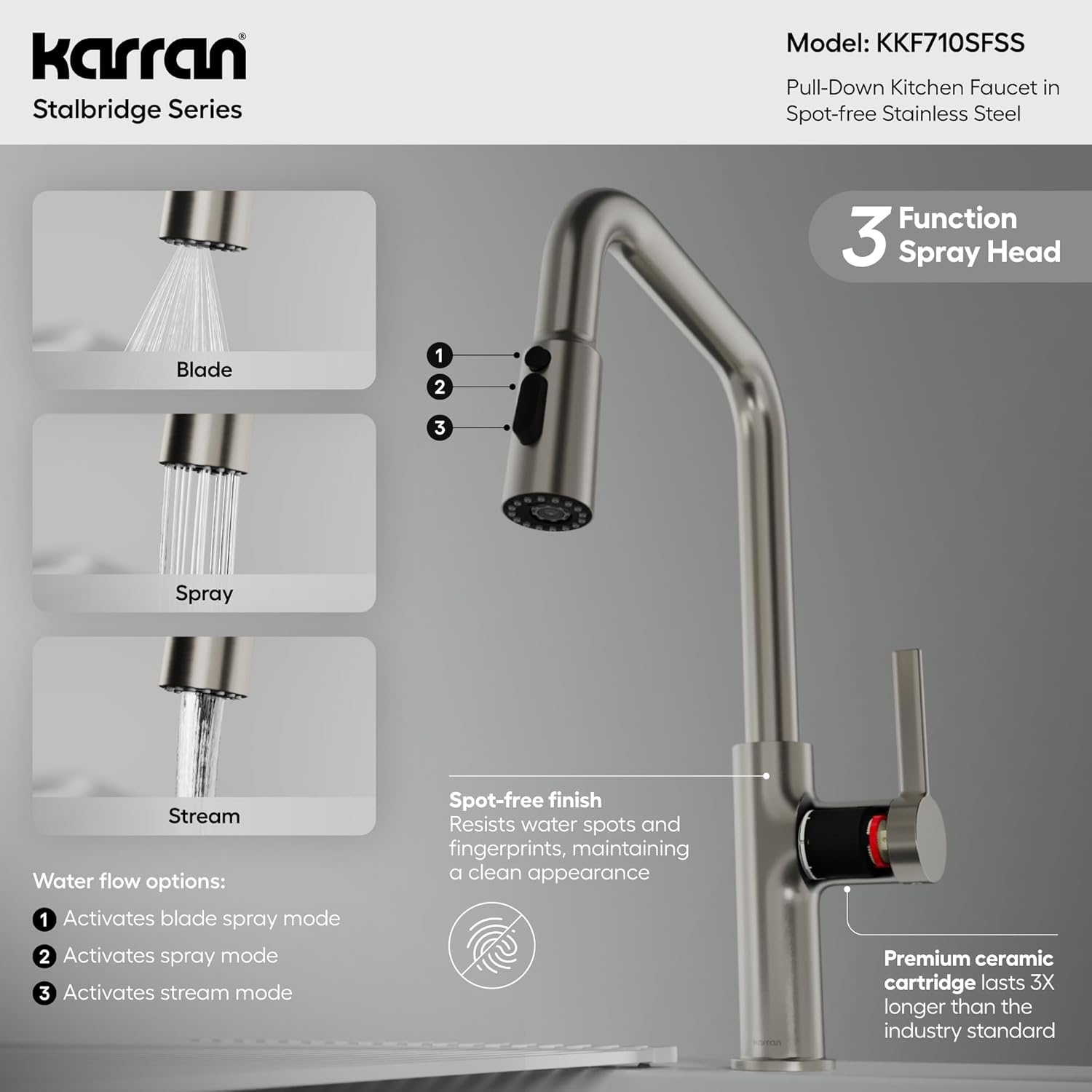 Karran Stalbridge Pull-Down Kitchen Faucet, Single Handle High Arc Design, 3-Function Blade Spray, Spot-Resistant Finish Options (Spot Free Stainless Steel)