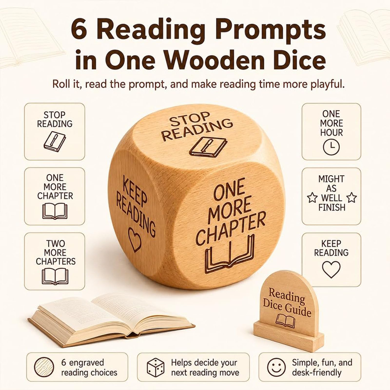 Dados de decisión de Lectura de Madera, Dados de 6 Caras, Cubo de decisión de Lectura de Madera para Amantes de los Libros, Regalos de ratón de Biblioteca (8pcs)