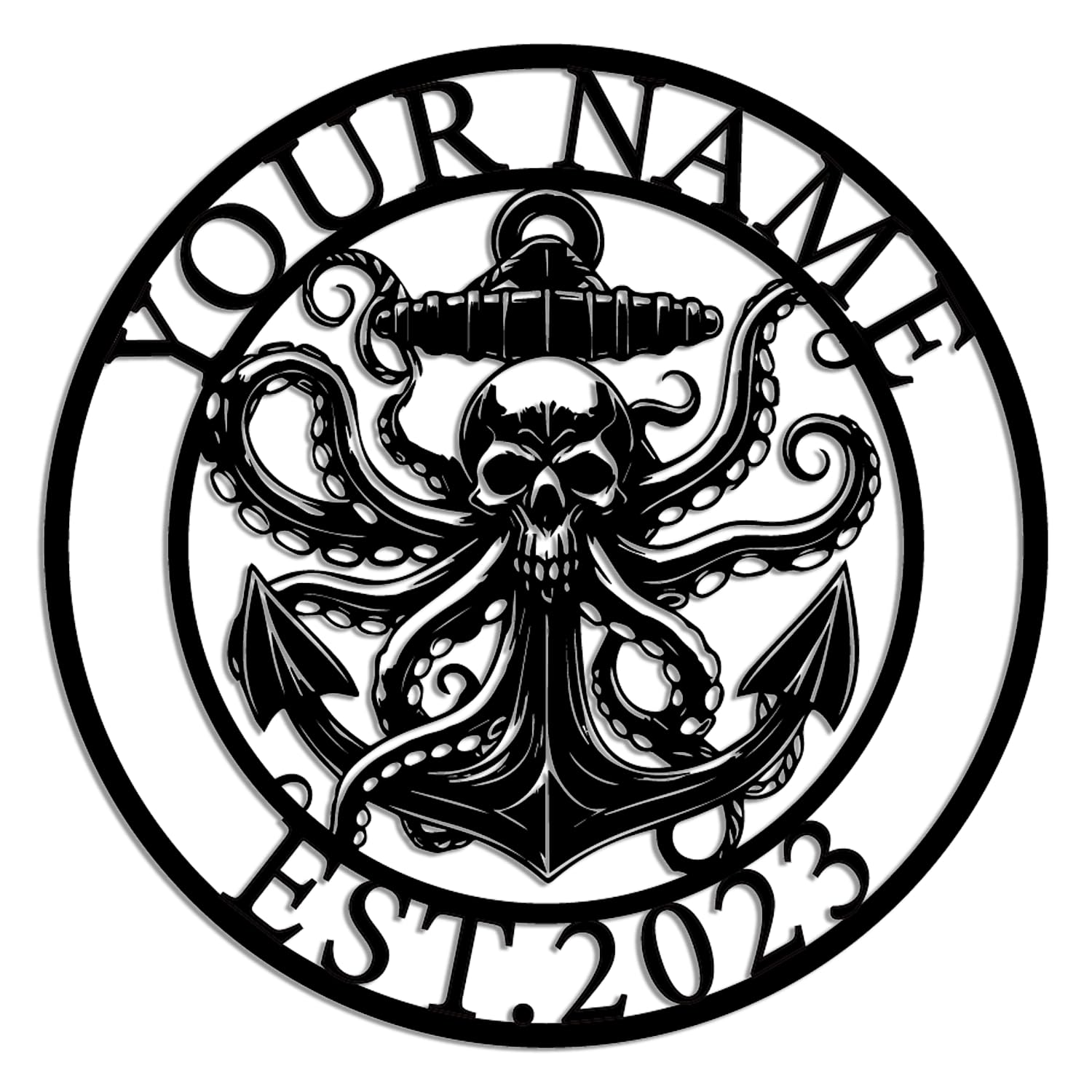 Kissesuu Style-2 Custom Ship Octopus Tentacles Metal Wall Art, Personalized Skull And Anchor Metal Sign, Halloween Beach House Kraken Name Sign, Home Decor (Style-2)