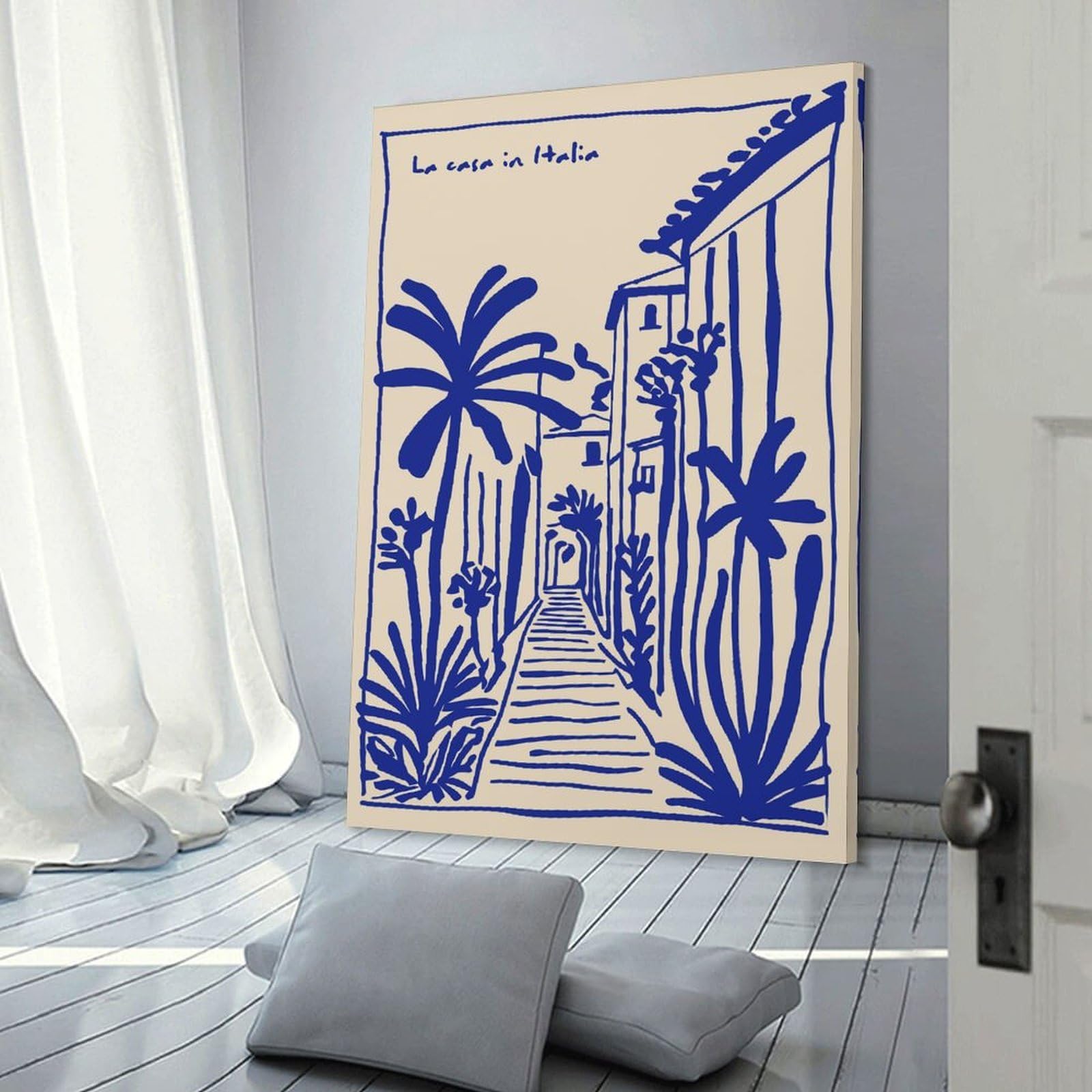 Junmoney Frame-Style-9 Italian Street Scene With Palm Trees Canvas Wall Decor 24X36inch(60X90cm), For Entrance Walls, Hall Decor Or Foyers, Wall Decor To Refresh Empty Corners