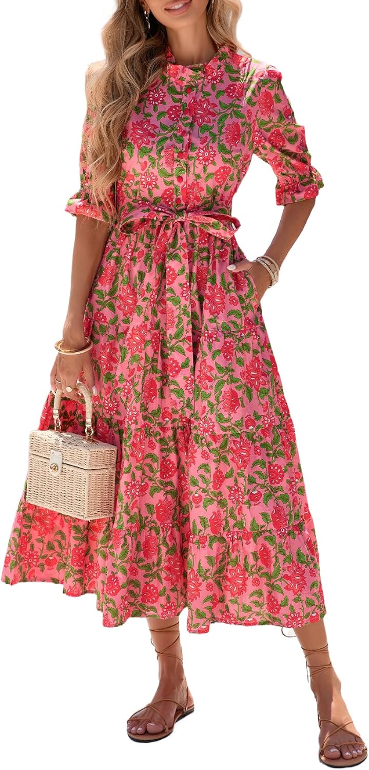 Women's Floral Printed Stand Ruffle Collar Midi Dress Half Sleeve Button Down Flowy Belted Beach Vacation Dress