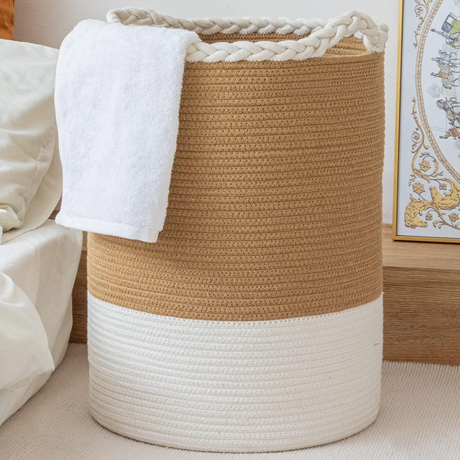 Woven Laundry Basket,Tall Wicker Laundry Basket for Blankets,Clothes,Pillows,Toys,Shoes Large Cotton Laundry Hamper for Bedroom Living Room (Medium 12 X 15 INCH 40L, BrownA)-image-2