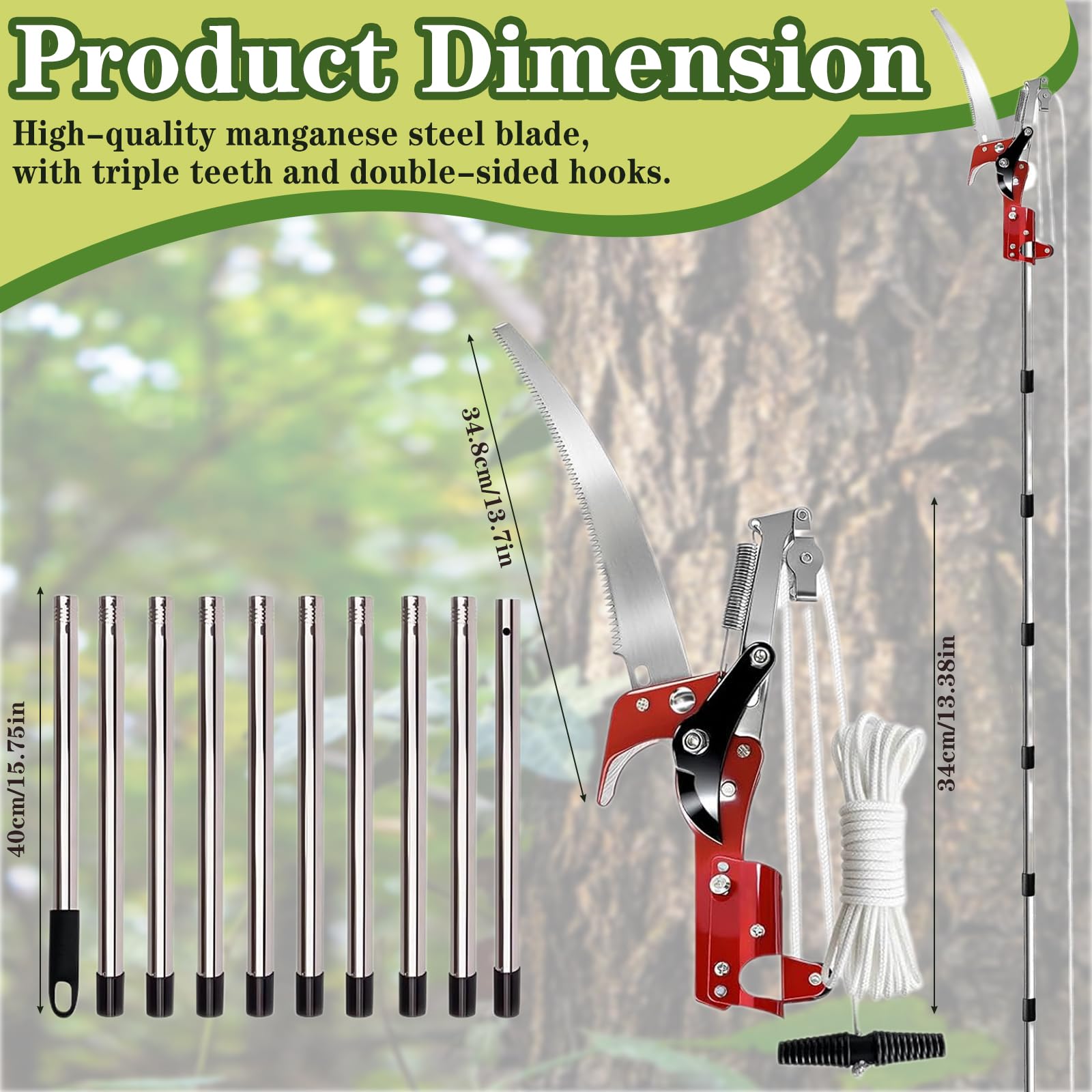 Tijeras de podar telescópicas 82 – 410 cm con sierra de podar, 2 en 1, manual con cuerda de cuerda, mango telescópico de acero inoxidable, tijeras de podar y sierra de jardín para ramas altas, árboles