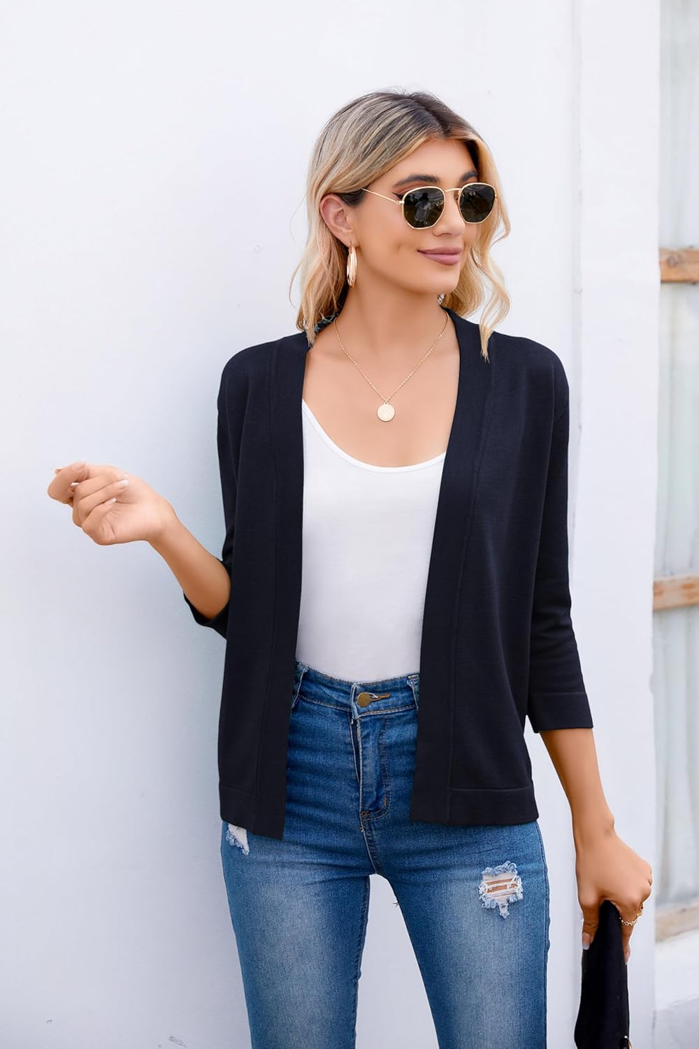 Bettysays Women's 3/4 Sleeve Open Front Cropped Cardigan Sweater Elegant Shrugs for Women - Image 6