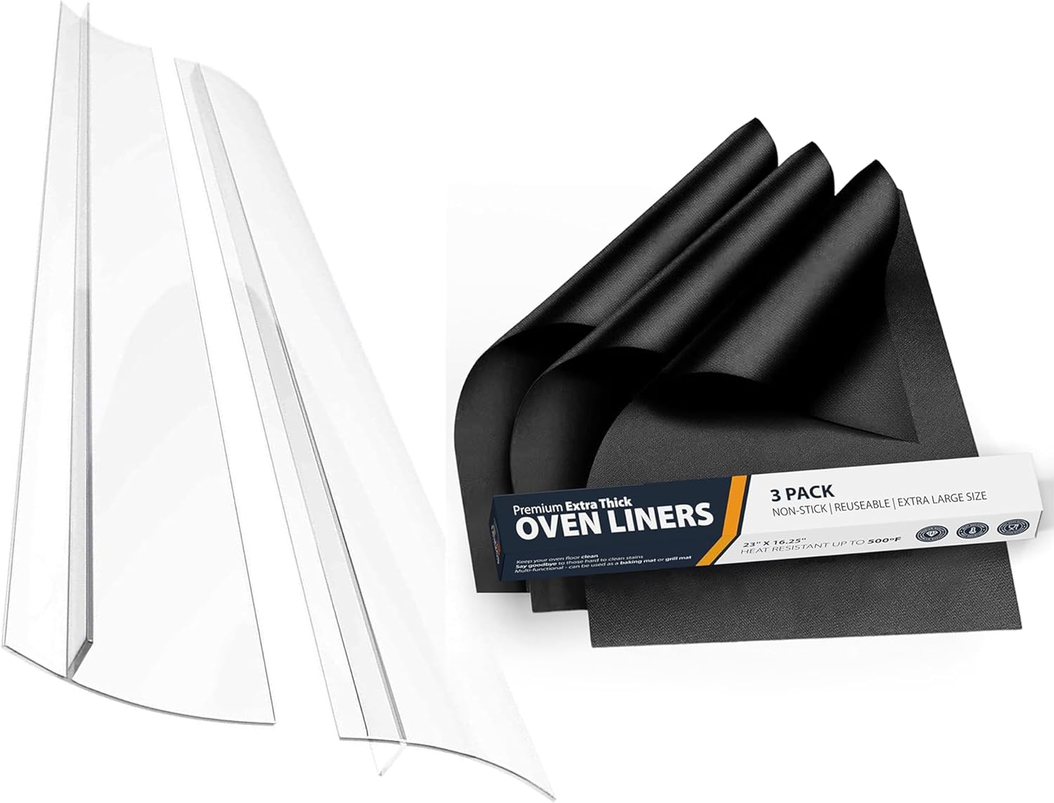 Oven Liners for Bottom of Oven (3 Pack) and 25 Inch Silicone Stove Gap Covers (Clear, 2 Pack), Bundle