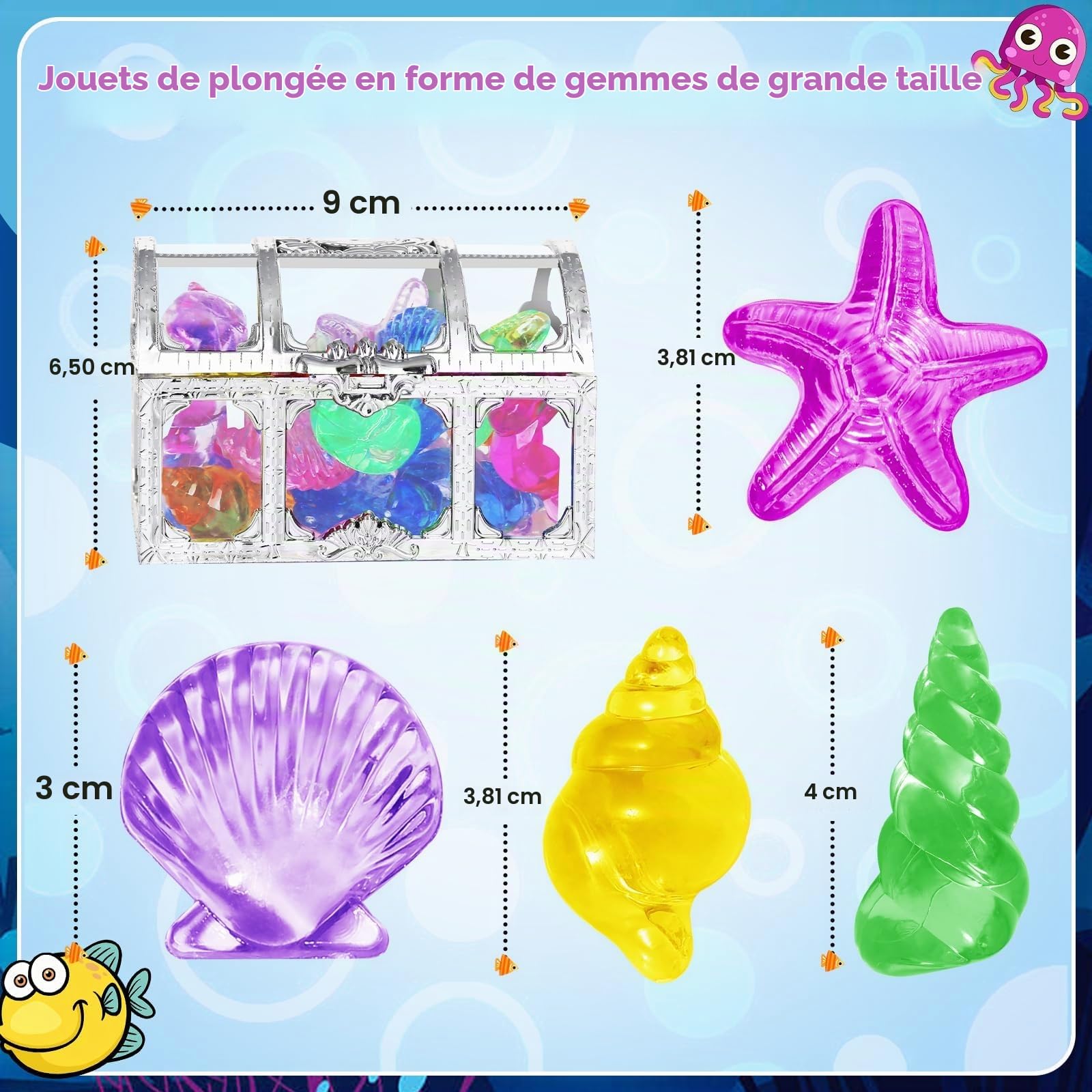 Pierres Précieuses de Jouet,Jouets de Trésor de Piscine,12 Gemmes de Plongée Colorés avec 2 Coffre Tresor et 1 Sacs en Filet - Jeux - Jouets
