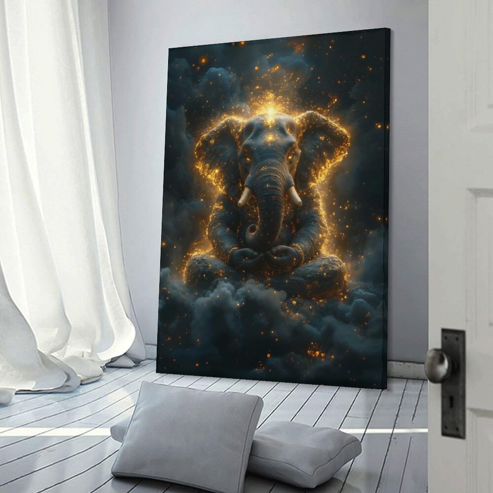 Junmoney Meditating Elephant with Golden Sparkles Wall Decor Canvas Print, 16x24inch(40x60cm), for Wall Displays, Bedrooms Or Room Updates, Wall Decor Suited to Curated Displays
