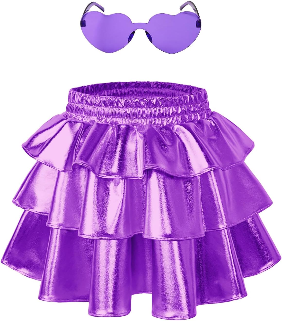 Perfashion Girls' Sparkle Metallic Skirts Layers Ruffle Sequin Tutu Dance Skirt with Sunglasses for Kids 6-15 Years