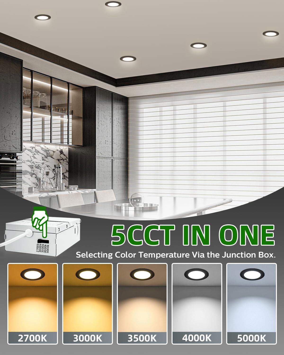 zouzai 6 Pack 6 Inch Black 5CCT Ultra-Thin LED Recessed Ceiling Light with Junction Box, 2700K/3000K/3500K/4000K/5000K Selectable, 12W Eqv 110W,Dimmable, led can Lights ETL and Energy Star Certified