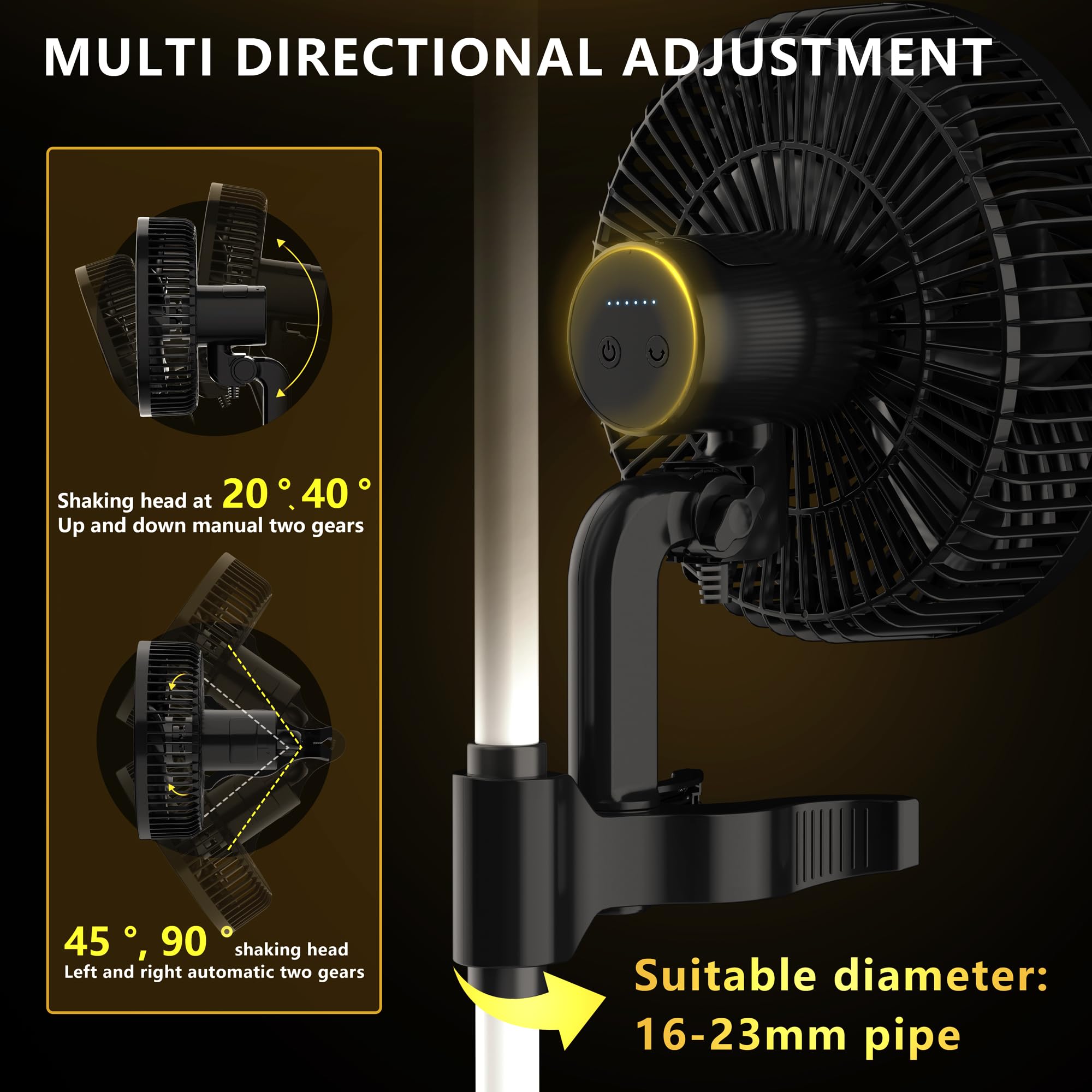 K1 Growzelt Clip Ventilator, 9W EC-Motor Ventilator Oszillierend 6-stufige Geschwindigkeitsregelung 250cm Kabel leiser 28 dB Typ-C-Anschluss Clip Fan Für Growzelt Schlafzimmer oder Büro