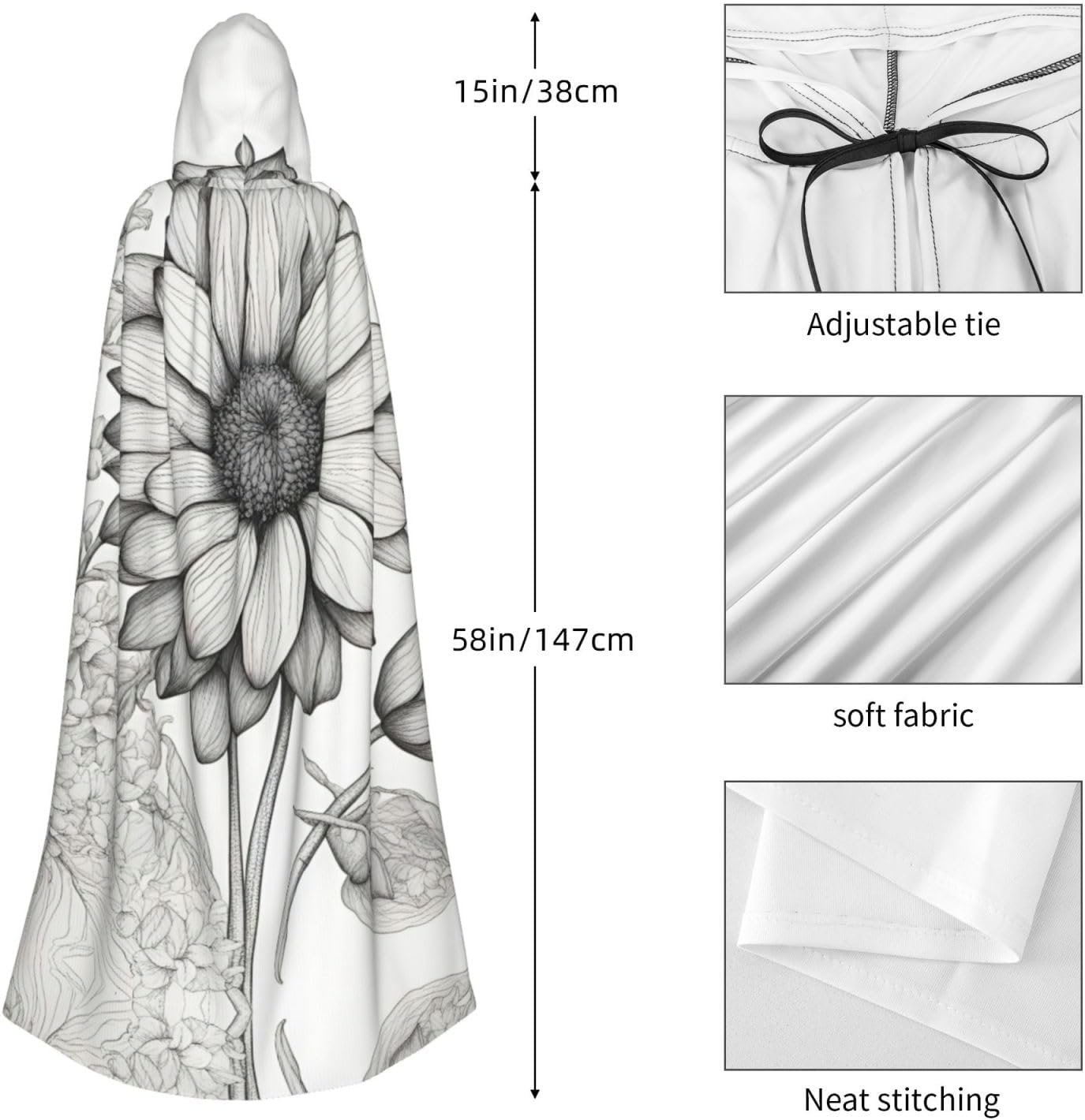 SSIMOO Hand Drawn Flower 1 Enchanting Adult Hooded Cape for Halloween and Party Costumes-Fashionable Women's Robes,Capes