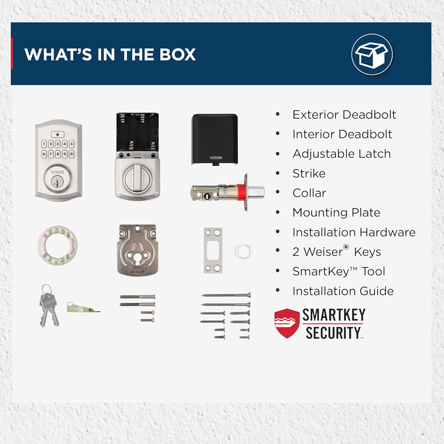 Contents of the Weiser SmartCode Keypad Electronic Deadbolt box
